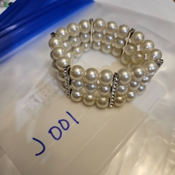 Faux Pearl & Rinestone Stretch Bracelet 18cm 7in Costume Jewlery Set Stones - Picture 7 of 7